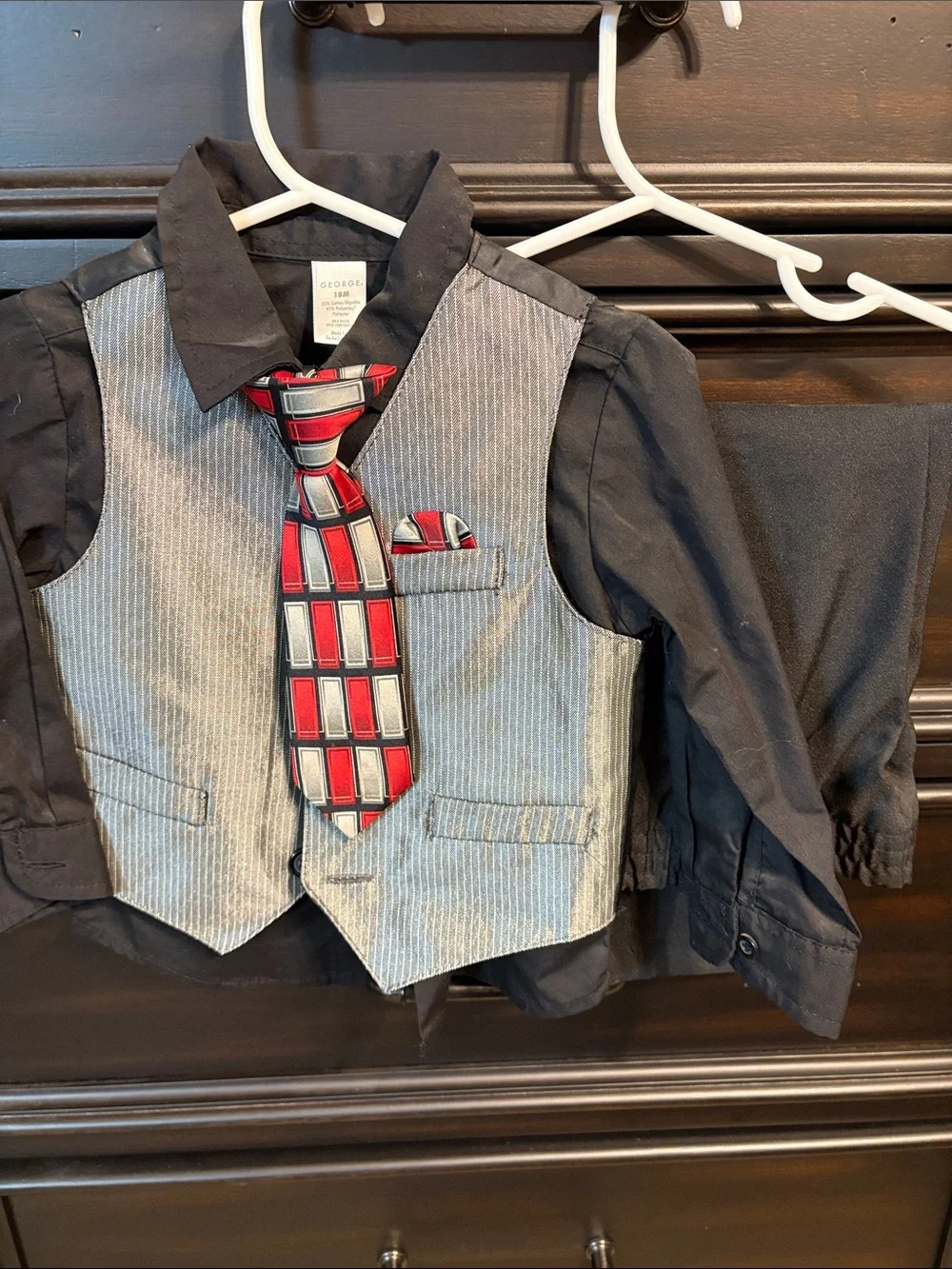 George Boys' Black Shirt with Gray Pinstripe Vest and Red Patterned Tie